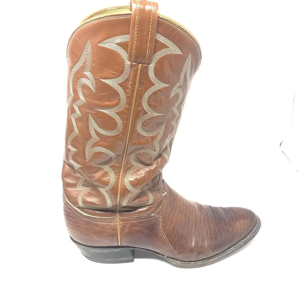 Tony Lama Vintage Teju Lizard Cowboy Boots Size 10.5 B Exotic Black Label Brown